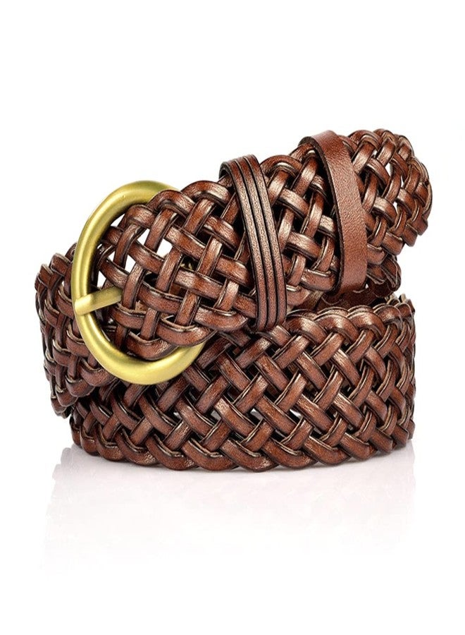 ANNULOYA Women Leather Braided Belts for Dress 1.2 Inch Hand Made Soft Girls Woven Wasitbands with Round Gold Buckle (Brown, Free Size) - Image 2